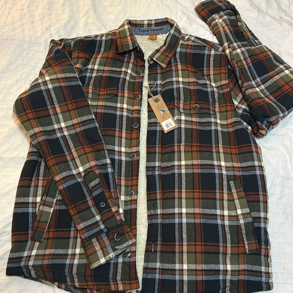 TAILOR VINTAGE PLAID FLANNEL SHIRT JACKET LINED WITH PLUSH SHERPA SZ L